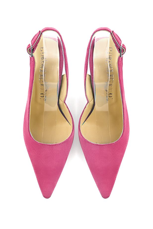 Women's fuschia pink slingback dress shoes. Pointed toe. High wedge heels - Top view